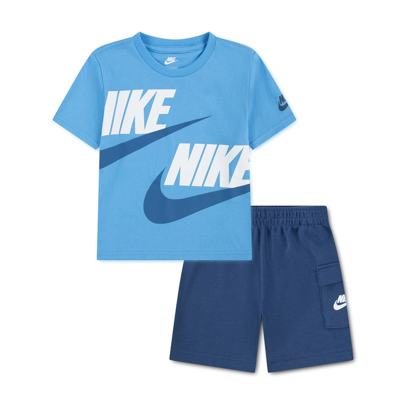 Toddler cargo short set: light blue T-shirt and dark navy shorts with Nike logos.