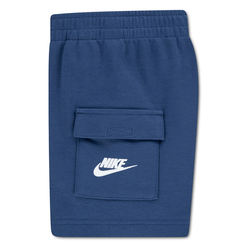 Dark navy toddler shorts with elastic waist and Nike logo cargo pocket.