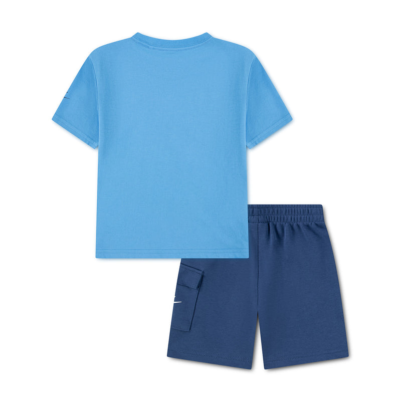 Toddler two-piece set: light blue back T-shirt and dark navy cargo shorts with pocket.