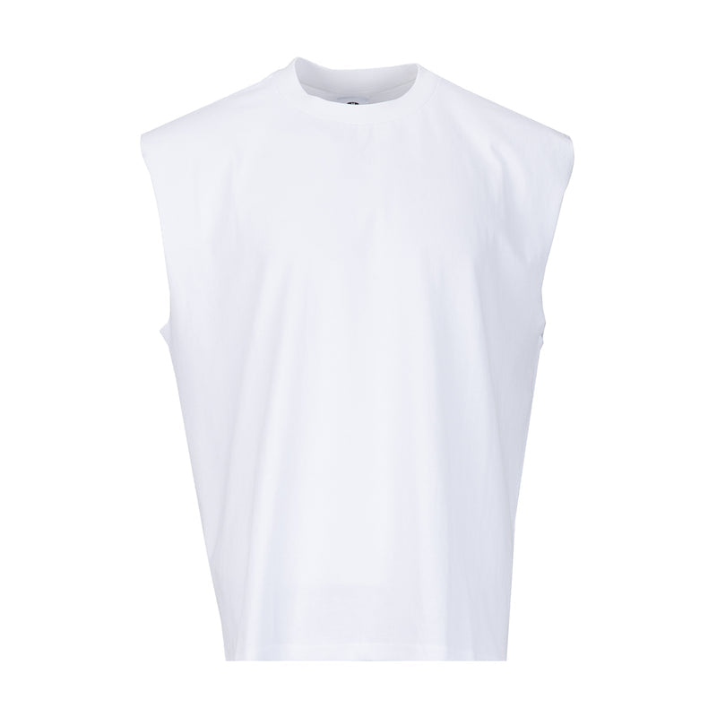 Men's white heavy wide muscle tee, sleeveless tank with crew neck