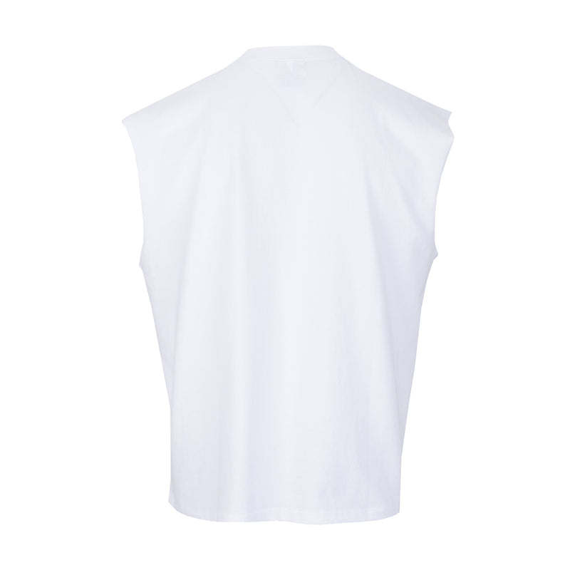 Men's white heavy wide muscle tee, sleeveless tank with back view