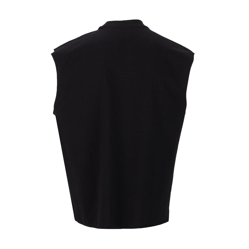 Men's black sleeveless muscle tee, back view, crew neck