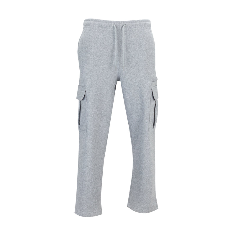 Heather grey men’s cargo sweatpants with open hems and drawstring waist