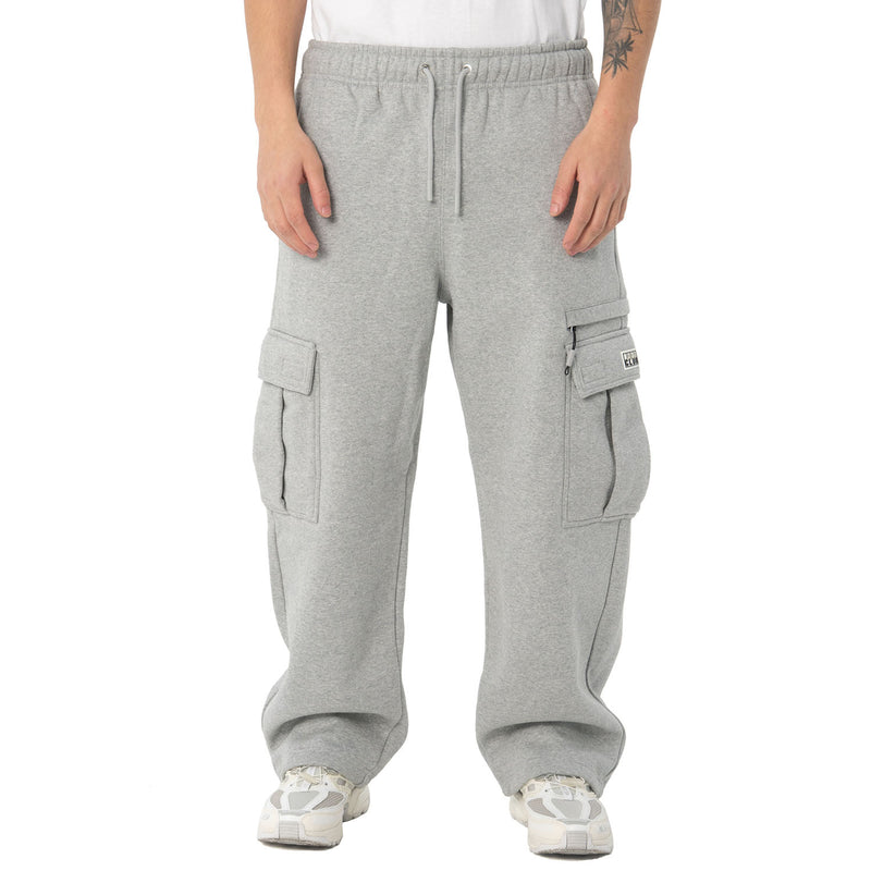 Heather grey cargo sweatpants with drawstring waist, side pockets, and open cuffs