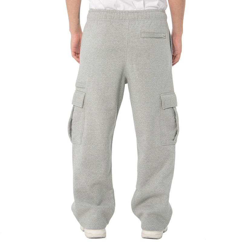 Heather grey cargo sweatpants with side utility pockets and relaxed straight legs