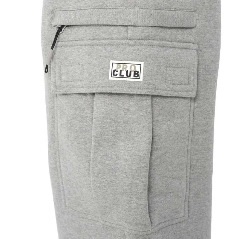 Heather grey cargo sweatpants with front patch pocket and 'PRO CLUB' label
