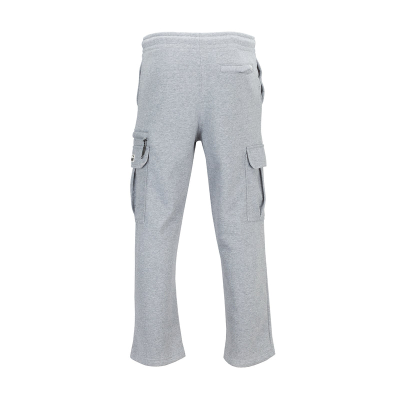 Heather grey cargo sweatpants with open cuffs and two side cargo pockets