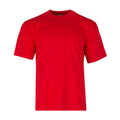 Red heavyweight men’s crew neck T-shirt, short sleeves, solid color.