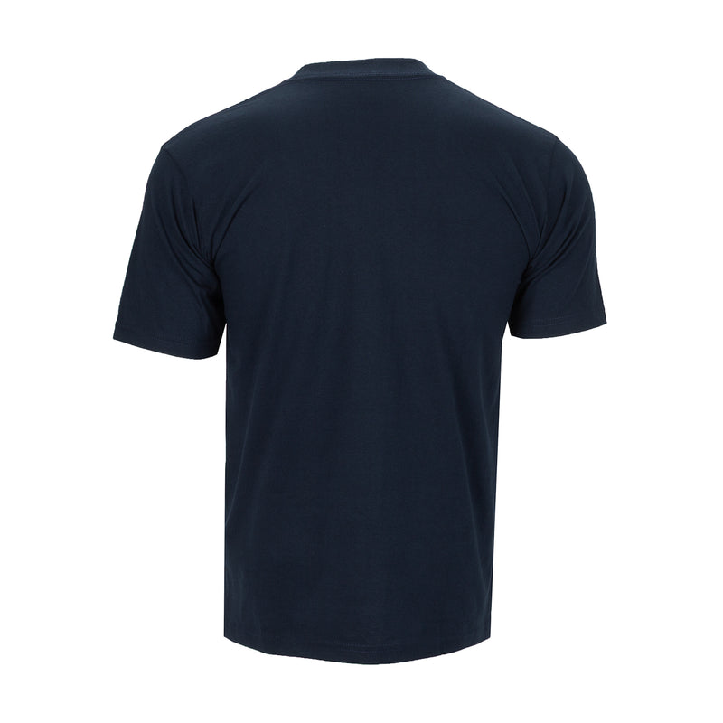 Men's heavyweight navy crew neck T-shirt, back view, short sleeves