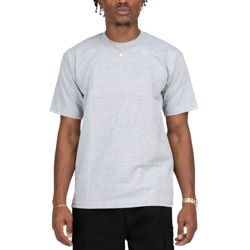 Grey crew neck T-shirt on model, short-sleeve solid heavyweight knit