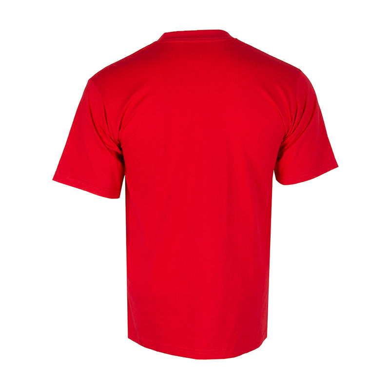 Red heavyweight men’s crew neck T-shirt, short sleeves, solid color (back view).