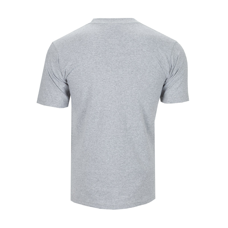 Grey crew neck T-shirt, short sleeves, plain back, solid knit for men