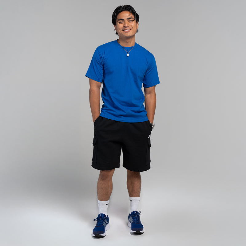 Men's royal blue crew neck T-shirt on model, short sleeves