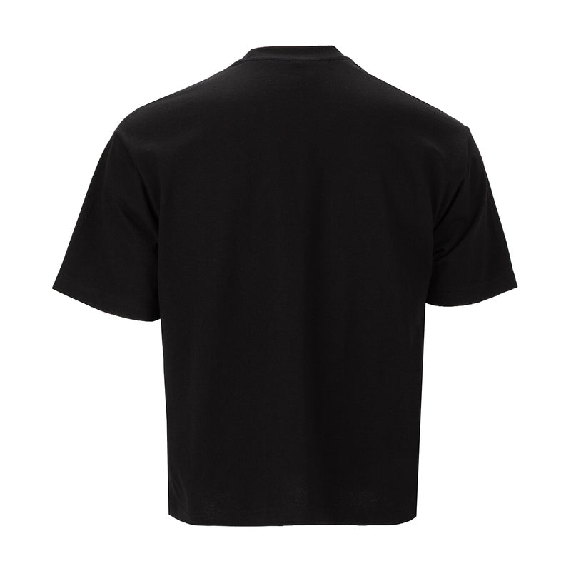 Men's black crew-neck T-shirt, back view with short sleeves