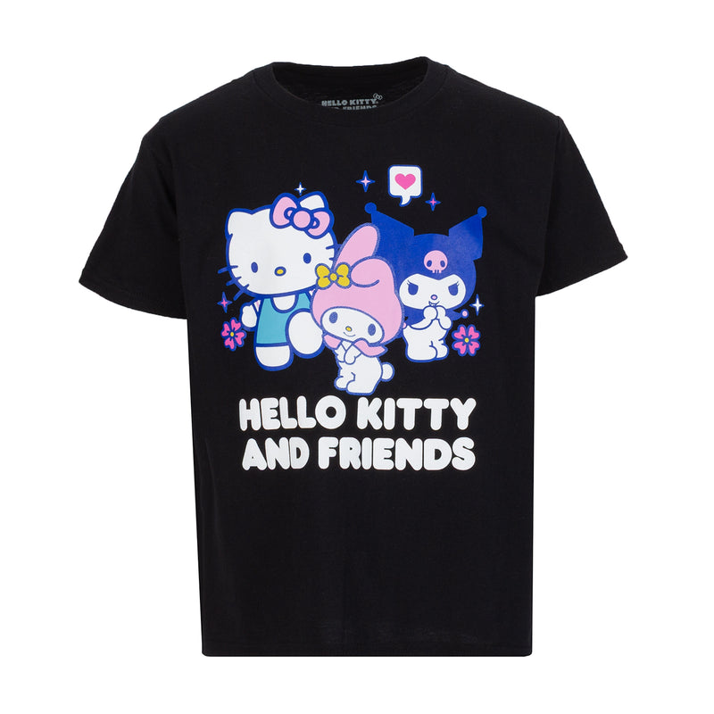 Youth black tee with Hello Kitty and friends graphic, short sleeves, crew neck