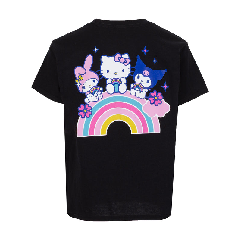 Youth black tee back with rainbow graphic and Hello Kitty friends, short sleeves