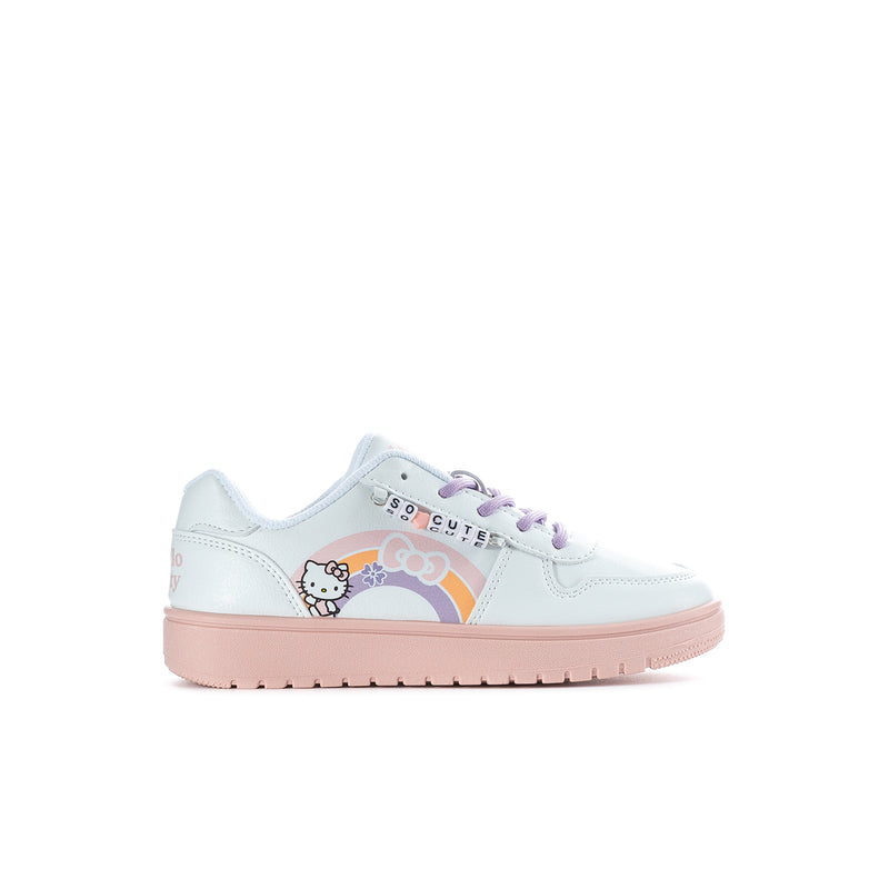 Kids white sneakers with Hello Kitty rainbow graphic, purple laces, and pink rubber sole