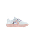Kids white sneakers with Hello Kitty rainbow graphic, purple laces, and pink rubber sole