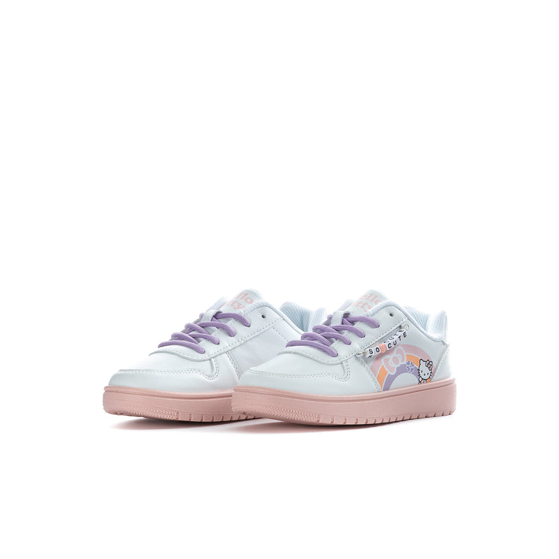 Kids white low-top sneakers, pair view with purple laces and pink outsole