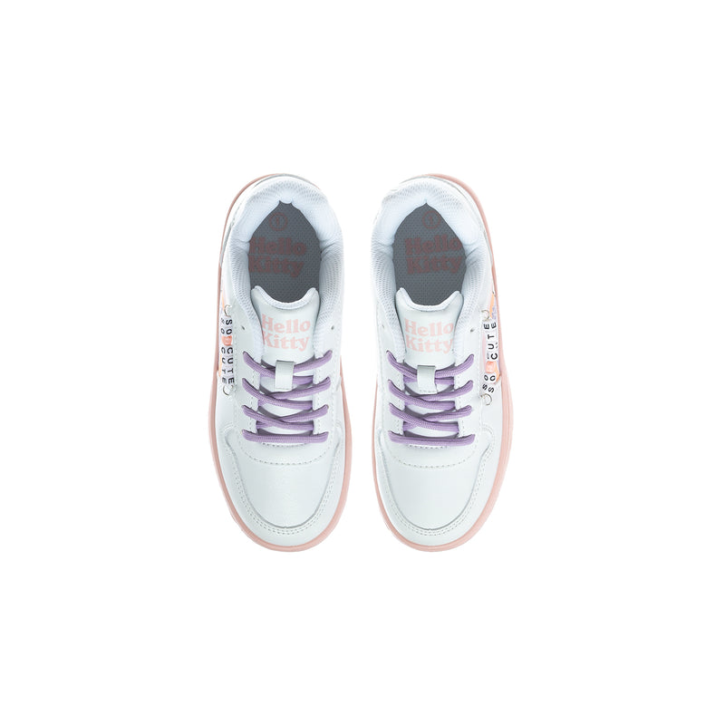 Kids white sneakers top view with purple laces and light blue interior lining