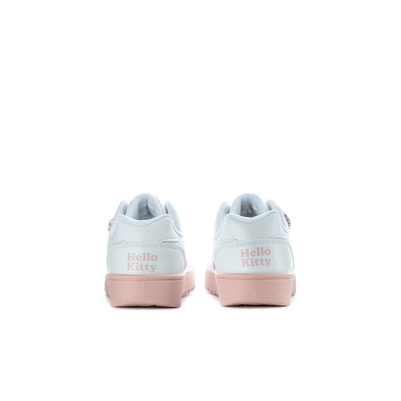 Kids white sneakers heel view with Hello Kitty logo and pink heel panel