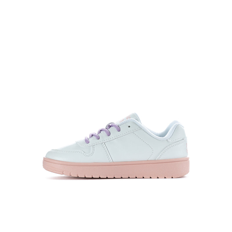 Kids white low-top sneaker with purple laces and pink rubber sole