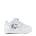 White toddler court sneakers with Hello Kitty graphic and pink heart decals, side view