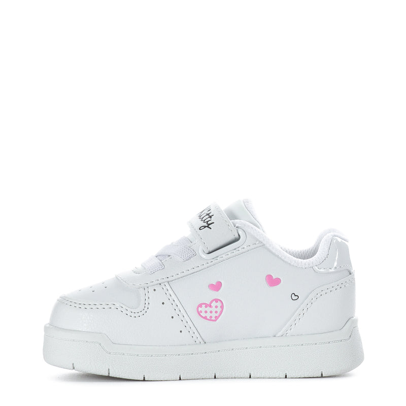 White toddler court sneakers with pink heart and paw-print decals, side view