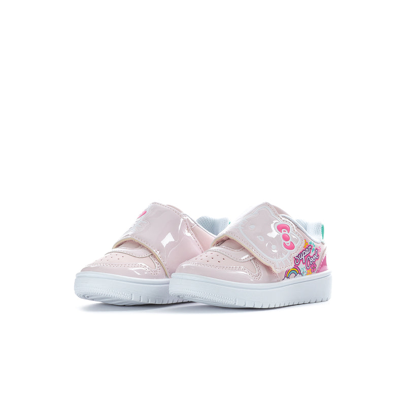 Toddler Hello Kitty court sneaker, light pink upper with teal collar and magenta heel strap