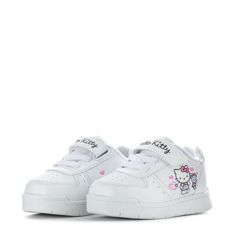 White toddler court sneakers with Hello Kitty on tongue and bow detail, front view