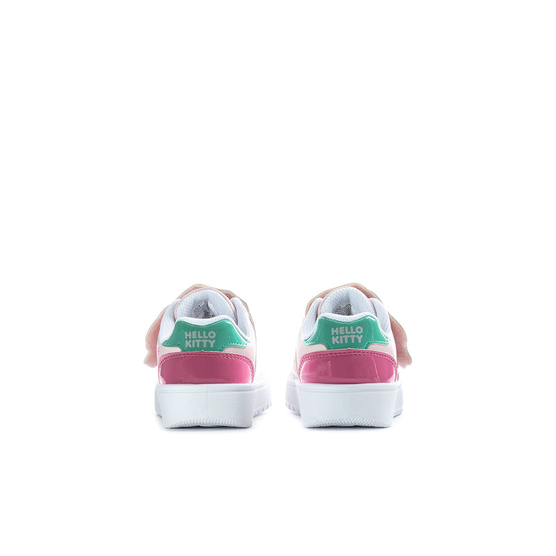 Toddler Hello Kitty court sneaker, rear view with pink heel tab and HELLO KITTY logo
