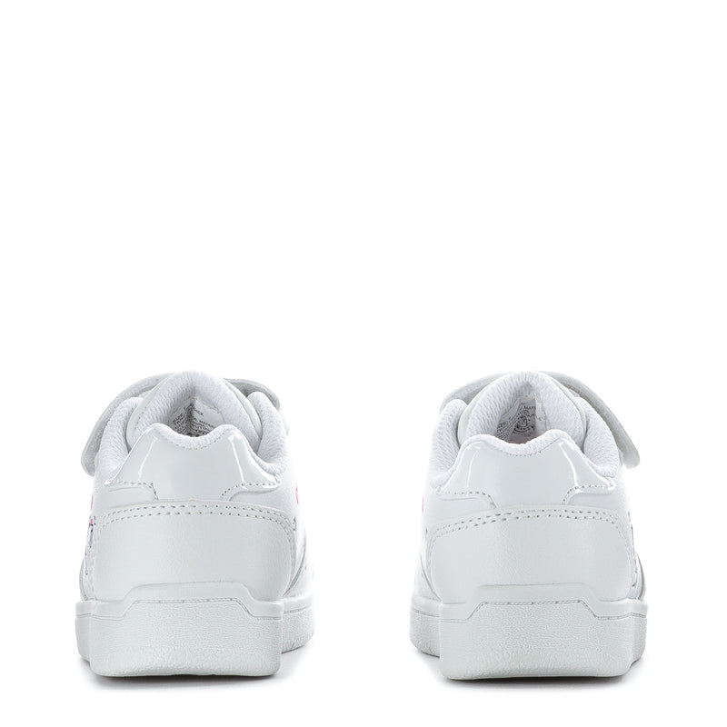White toddler court sneakers with padded heel, rear view
