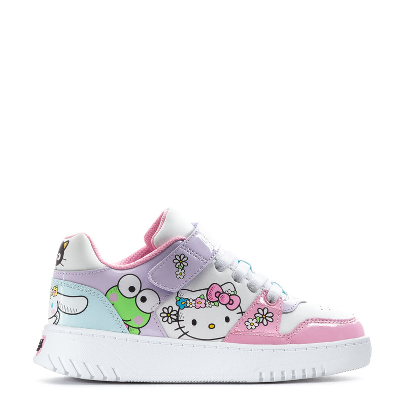 Kids low-top sneakers in white, pink, and light blue with Hello Kitty character graphics