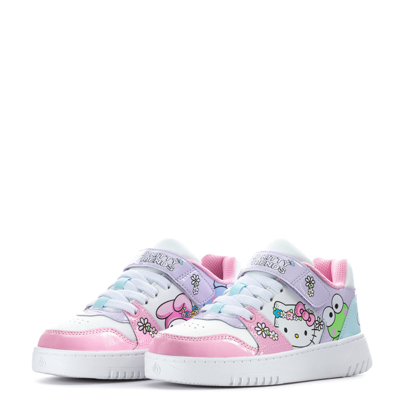 Pair of kids low-top sneakers in pink, white, and light blue with character print