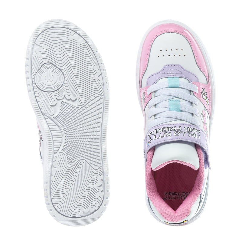 Kids sneakers outsole and interior view: white and pink low-top shoe with lace-up
