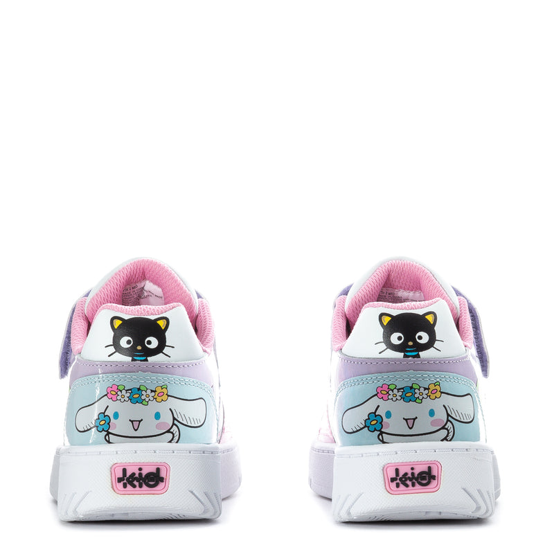 Kids low-top sneakers heel view in white with pink lining, Hello Kitty and Kitty graphics