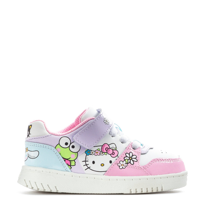 Toddler low-top sneakers with Hello Kitty and friends prints, light blue and pink.