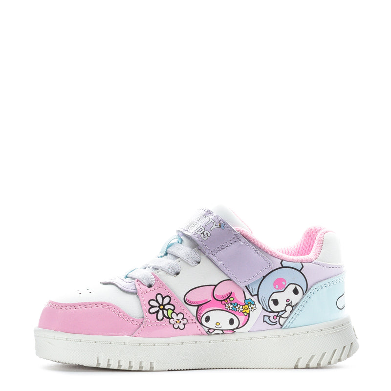 Toddler low-top sneakers with Hello Kitty face and friends, pink, light blue, and white.