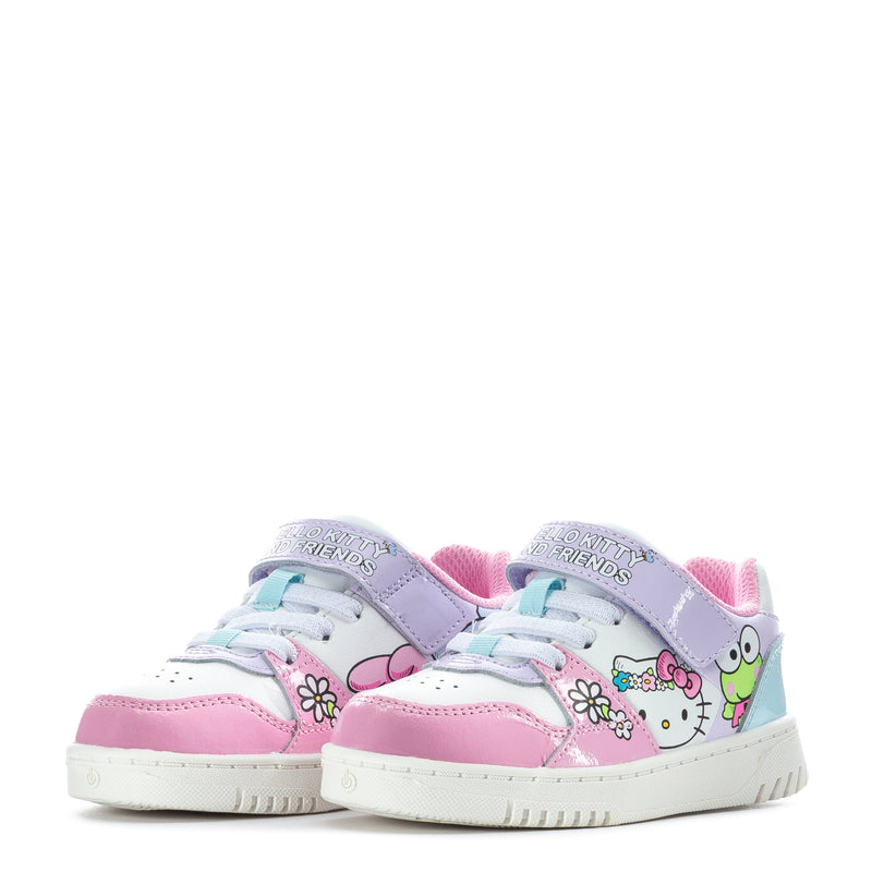 Toddler low-top sneakers with Hello Kitty and friends, pink and light blue, lace-up.