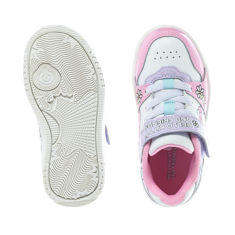 Toddler low-top sneakers outsole and interior view, pink and light blue with Hello Kitty.