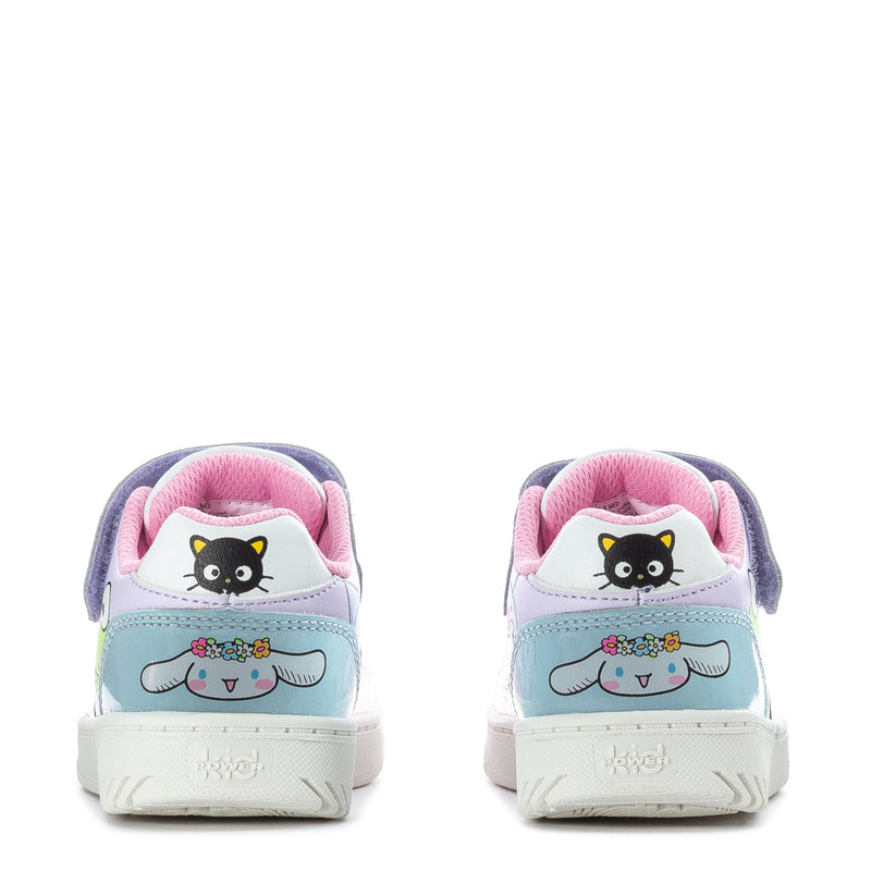 Toddler low-top sneakers with Hello Kitty graphic, light blue, pink, and white.