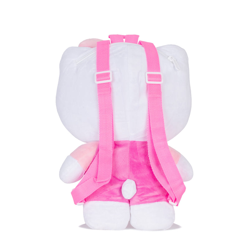 Hello Kitty plush backpack back view with pink adjustable straps and pink dress panel