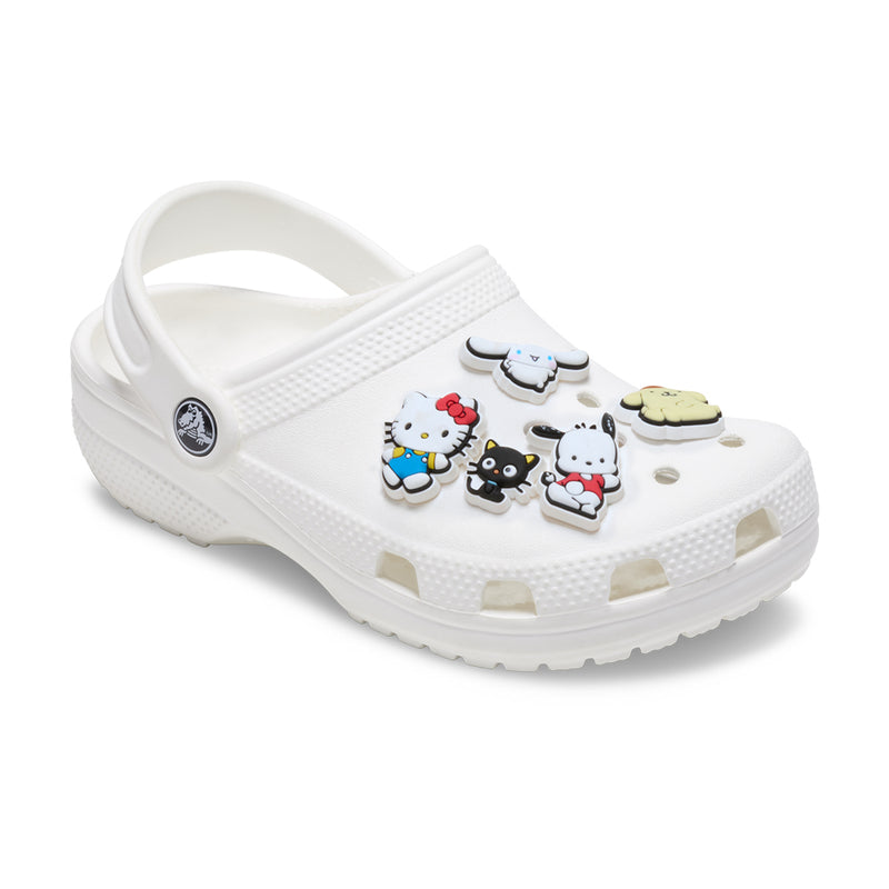 White clog with five Hello Kitty and Friends jibbitz charms attached
