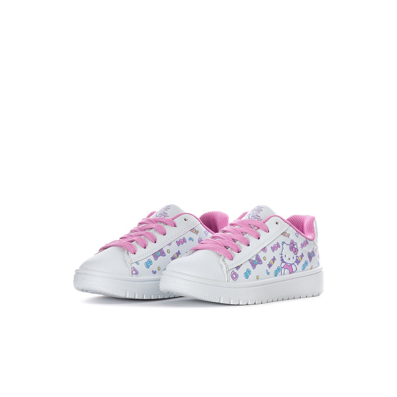 Kids Hello Kitty skate sneakers, side view with pink lace-up and patterned uppers
