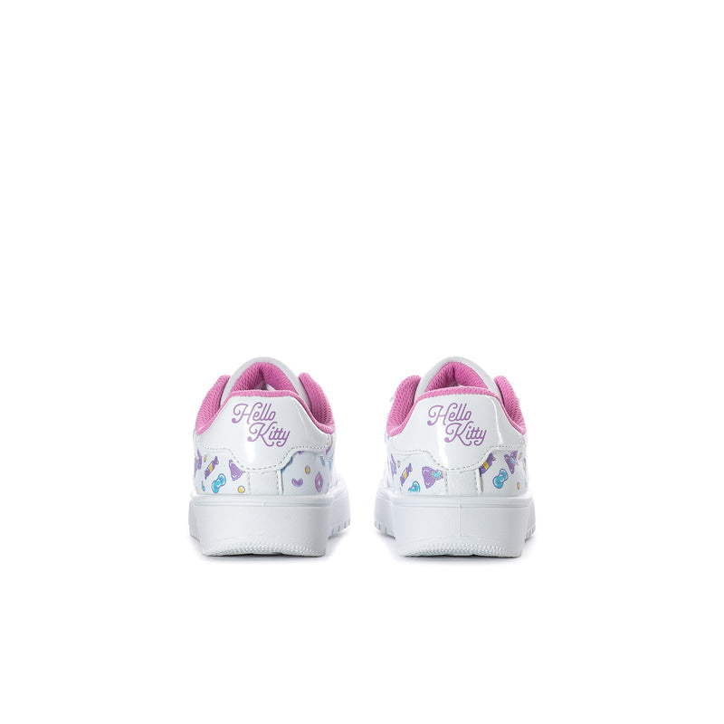 Kids Hello Kitty skate sneakers, back view with pink trim and heel lettering