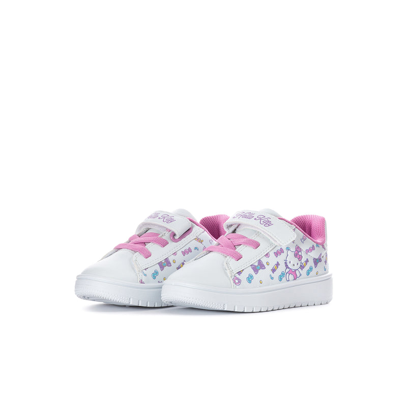 Toddler skate shoes, white with allover Hello Kitty icons and pink lace-up