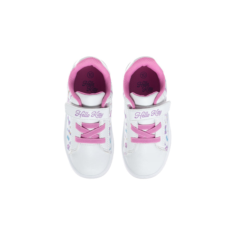 Toddler Hello Kitty sneakers with pink collar lining and Hello Kitty logo on heel