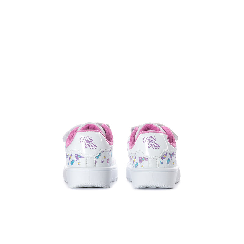 Toddler skate sneakers, back view with Hello Kitty heel label and white/pink design