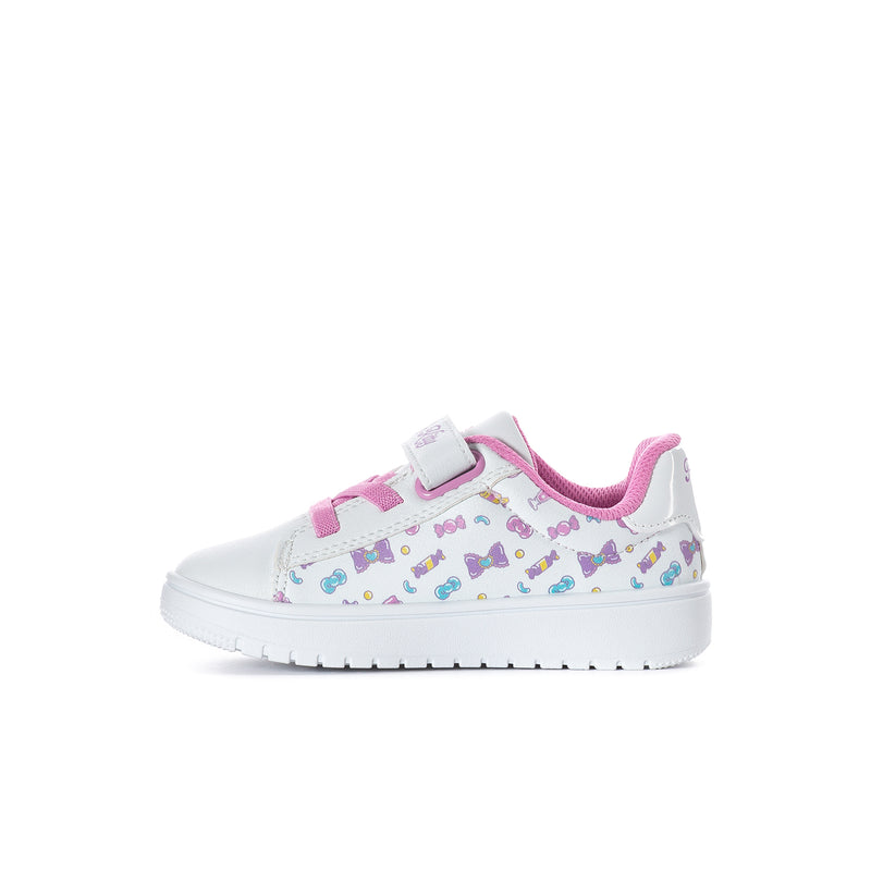 Toddler Hello Kitty skate shoes, white upper with pink trim and hook-and-loop strap