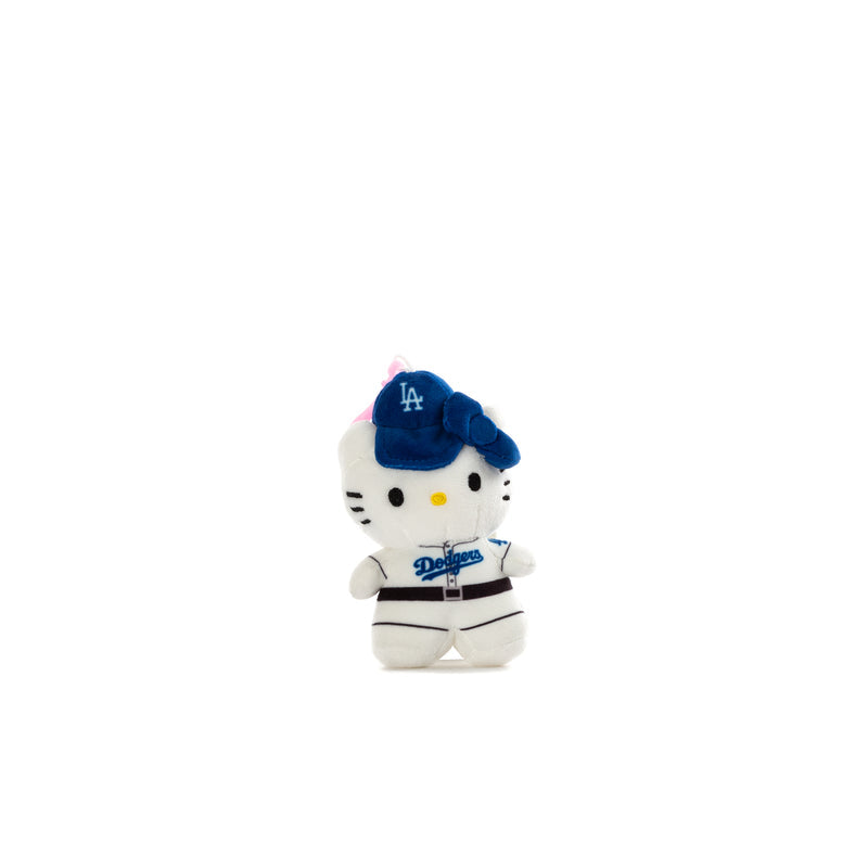 Plush backpack clip, white Hello Kitty with blue LA cap and Dodgers jersey
